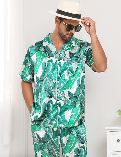 Image of SWOMOG Mens Satin Pajama Set Short Sleeve Classic Sleepwear Button Down Silky Loungewear with Long Pants