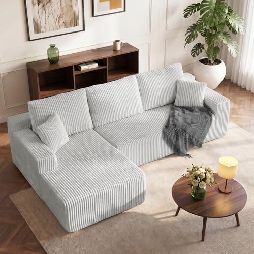 HOMRELEXA 267cm Ecksofa mit Schlaffunktion, Corduroy Boneless Couch, Modulares Schlafsofa L Form, 75cm Sitztiefe, Sofa 3 Sitzer mit Chaiselongue, Montagefrei Wohnlandschaft, Grau