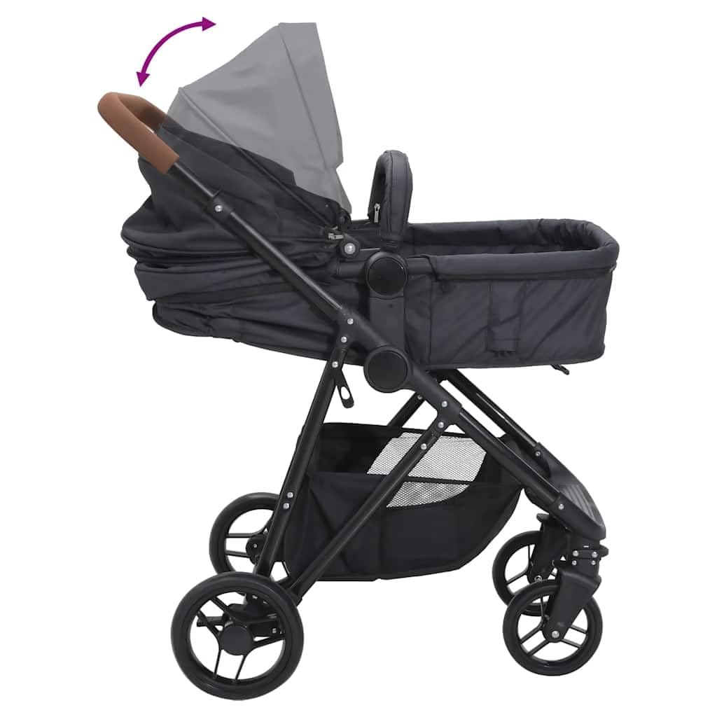 2-in-1 Kinderwagen Buggy Anthrazit Schwarz Stahl Kombi mit Liegefunktion und verstellbarem Sitz klappbar für Stadt, Reise, Urlaub mit Sonnendach und Stauraum
