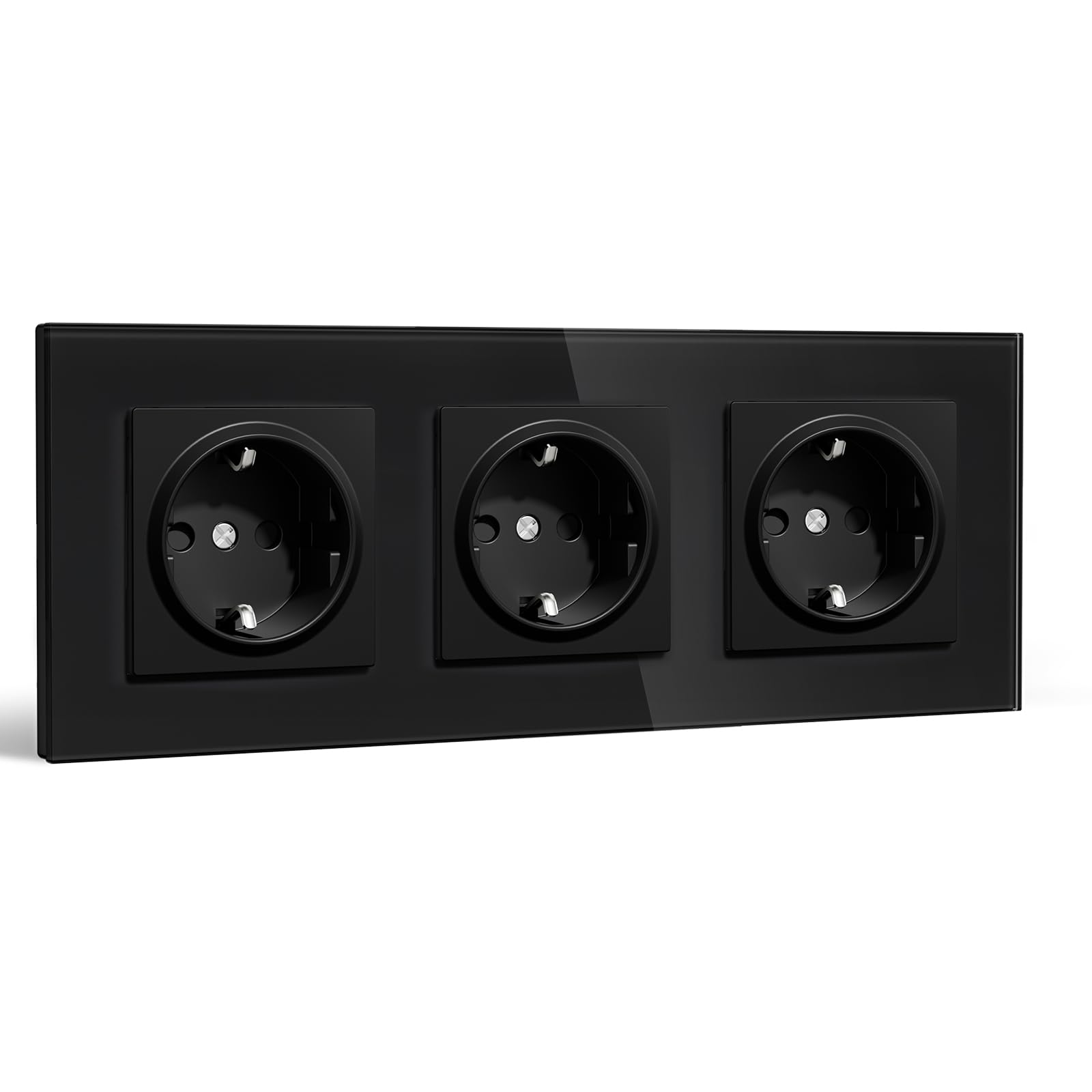 BSEEDLIFE Schuko Steckdose Unterputz EU Standard, 86 * 228mm Wandsteckdose 16A mit Glasrahmen, Einfach Installation, Klappkrallen, Typ F Steckdose mit Erdung，3-Fach Schwarz