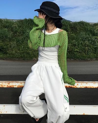 Image of Womens Crochet Crop Tops Y2k Knit Shrug Sweater Hollow Out Long Sleeve Bikini See Through Cover Ups