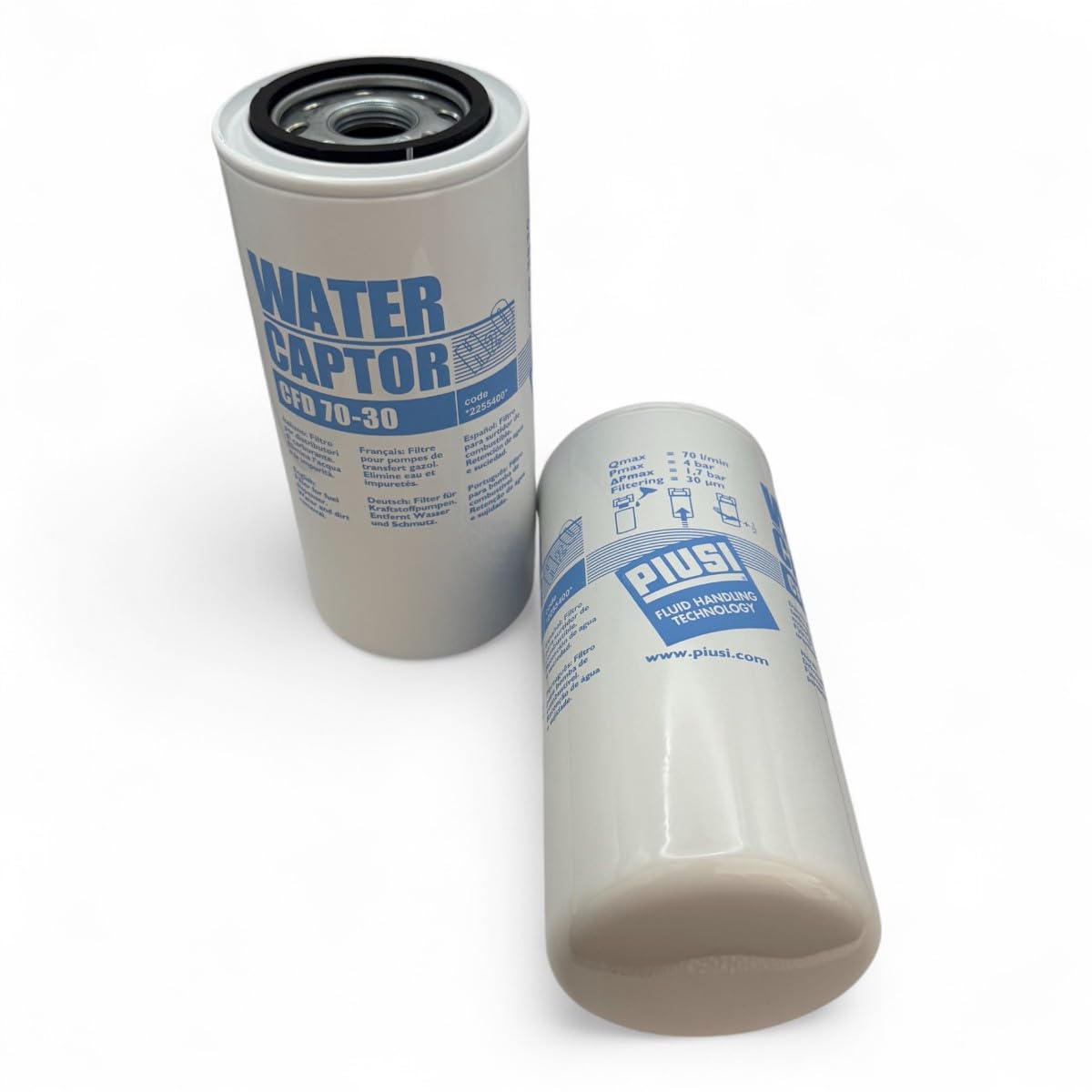 PIUSI 2x Filtro Cartuccia Ricambio Water Captor CFD 70-30 da 70 l/min - con Assorbimento Acqua per Gasolio – Attacco Standard 1”-12 UNF – Filtrazione Micron 30 | F0061101B