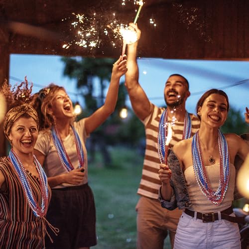 Image of 4th of July Party Favors, 12PCS 250th Anniversary Patriotic Necklaces Bulk, Fourth of July Red Blue Silver Beads Necklace, Independence Day Beads Bulk for Parade Party Celebration Favors Decorations