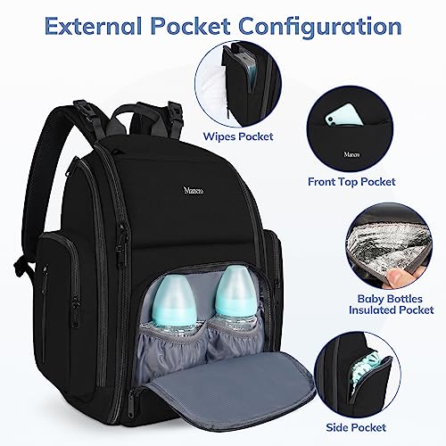 Mancro Backpack Diaper Bag, Waterproof Boy Travel Bag for Dad and Men, Large Multi-Function, Many Pockets, Lightweight, Stylish Diaper Backpack, Black
