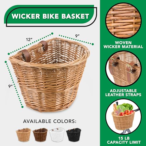 ProSource Wicker Bike Basket Front Cargo for Women and Men, Fits Most Bicycles, Beach Cruisers, Stationary Equipment, and Ebikes, Light Brown