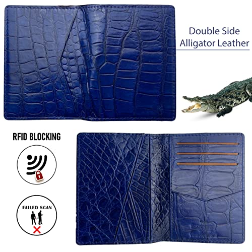 Navy Blue Alligator Credit Card Holder Minimalist Bifold Wallet Crocodile Double Side Exotic Leather Slim Executive Business Luxury RFID Blocking Travel ID Case Front Pocket Gift For Men2