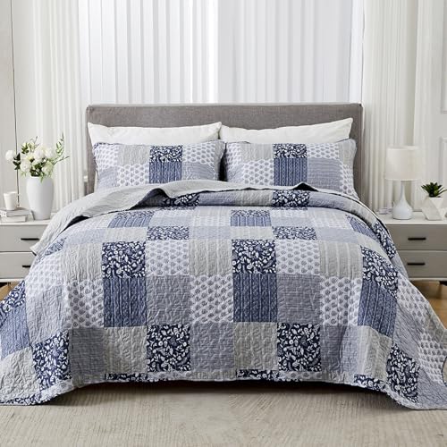 VIVILINEN Oversized King Size Quilt Set 128x120 Navy Blue Grey Bedspread Plaid Patchwork Extra Wide...