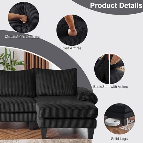 Image of Karl home Compact U-Shape Sectional Sofa Couch 111 inch 4-Seat Black | Modern, Corduroy Fabric Upholstered, Double Chaise, Wood Grain Legs for Living Room, Home Office, Apartment, Studio