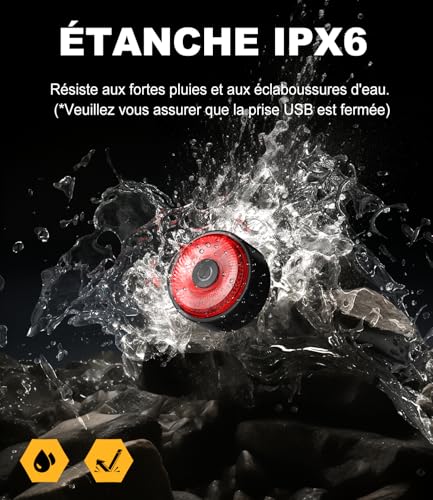 Feu arrière vélo rechargeable USB-C avec éclairage étanche IPX6