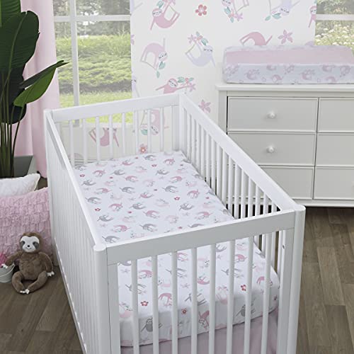 Image of Little Love by NoJo Tropical Garden Pink, Grey, and White Sloth Super Soft Fitted Crib Sheet