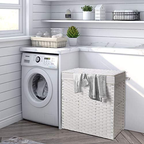 Greenstell Laundry Hamper With Lid, No Install Needed, 110L Wicker Laundry Baskets Foldable 2 Removable Liner Bags, 2 Section Clothes Hamper Handwoven Synthetic Rattan Laundry Basket With Handles, White 22.2X13.3X24.0 Inches #TOP1