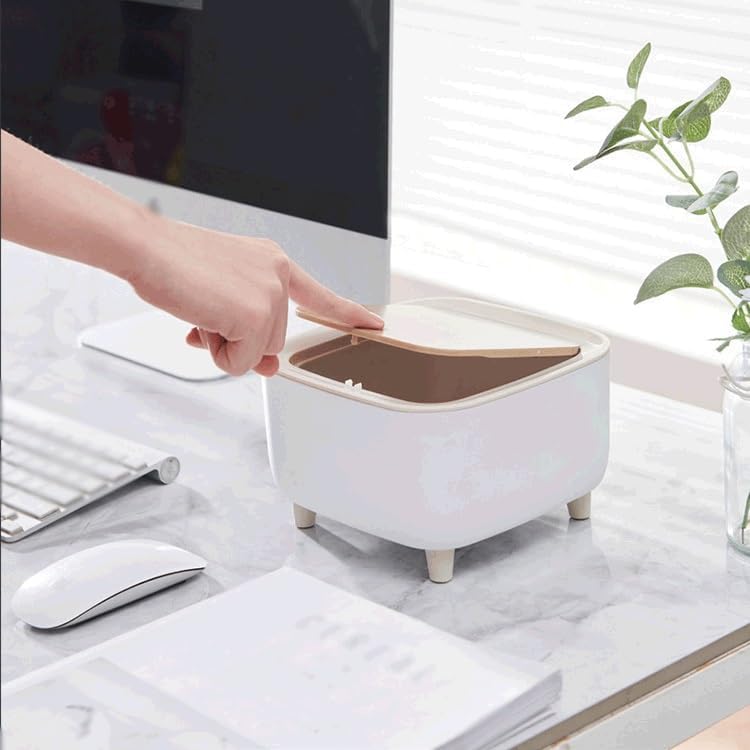 Image of Mini Portable Tabletop Dustbin, Mini Trash Can with Lid - Wastebasket for Bathroom Vanity, Desktop, Tabletop (Square Press - White)