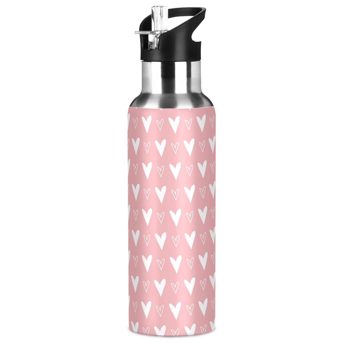 Edelstahl Wasserflasche mit Strohhalm, Herzmuster Isolierte Trinkflasche Sport Wasserflasche für Kinder Erwachsene, auslaufsicher, 1L
