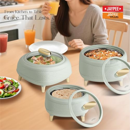 Image of JAYPEE Kingston Klass Stitched Leather Luxurious Outer & Inner Stainless Steel Casserole Set of 3 with Glass Lid(1500+2000+2500)ml PUF Insulated Serving casserole Set Roti Box Hot Box BPA Free,P.Green