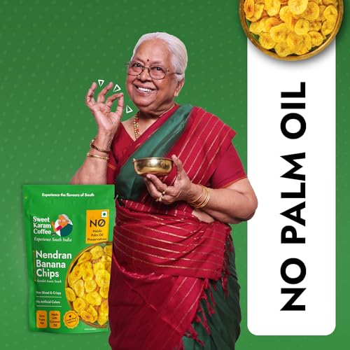 Image of Sweet Karam Coffee Nendran Banana Chips - 200 grams | Made with 100% Coconut Oil | No Preservatives | Kerala Special Crispy, Thin Sliced Yellow Plantain Wafers | Healthy Tea Time Snack (Pack of 3)