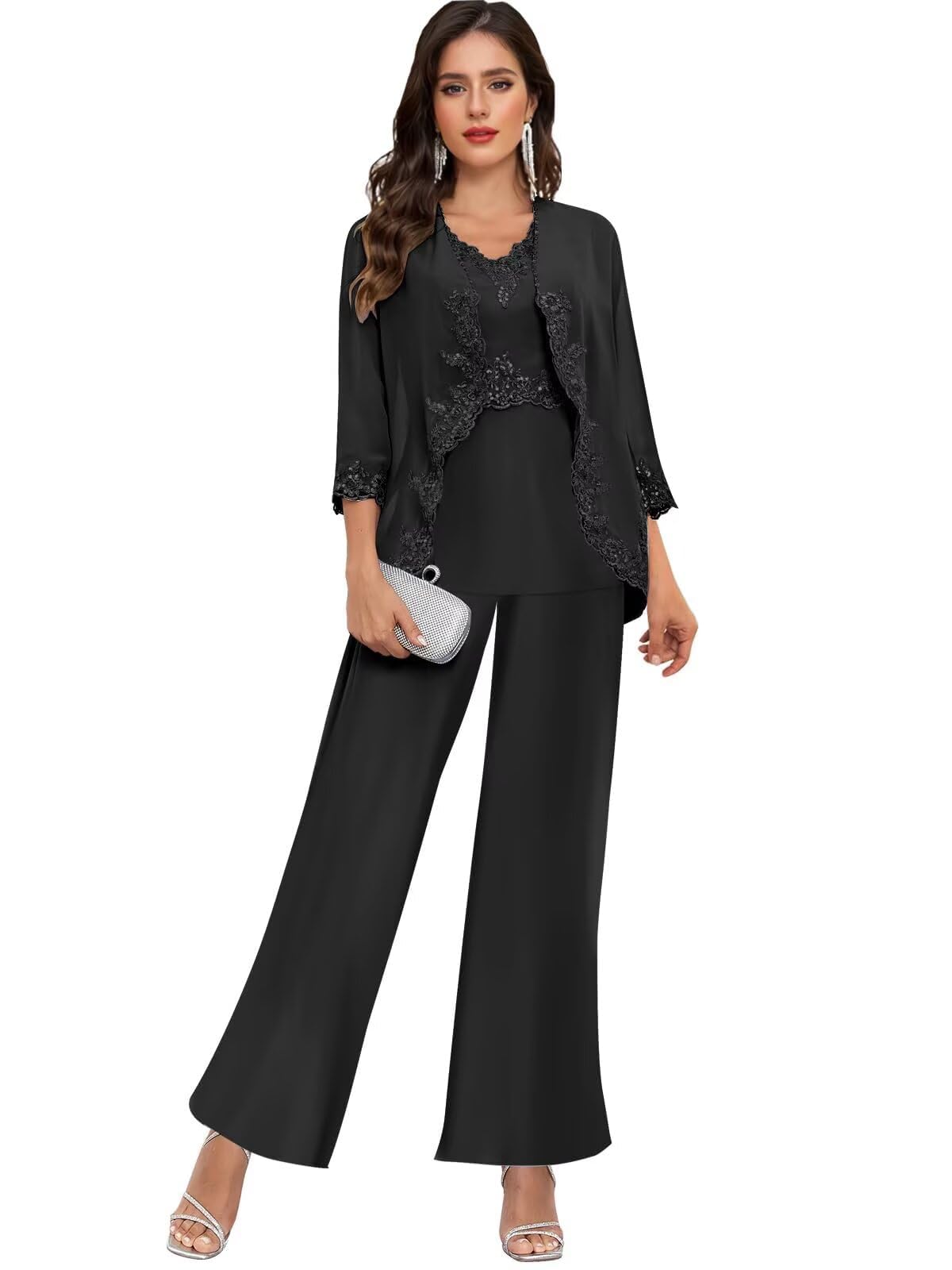 Mother of The Bride Pant Suits for Wedding 3 4 Sleeve - Chiffon Lace Beaded Grandmother of The