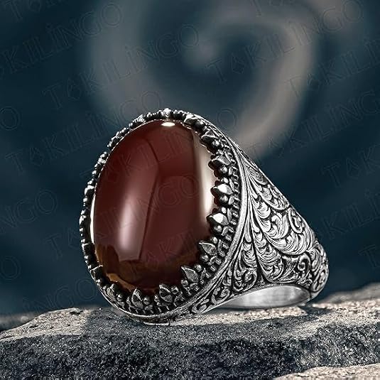 Solid 925 Sterling Silver Ring for Men Red Agate (Aqeeq) Men's Ring Turkish Handmade Agate Silver Luxury Vintage Men's Ring
