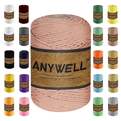 ANYWELL 3-6mm Light Brown Macrame Yarn, 4mm x 218 Yards, Natural Cotton Yarn for DIY, Craft, DIY, Wall, Hanging, Plant