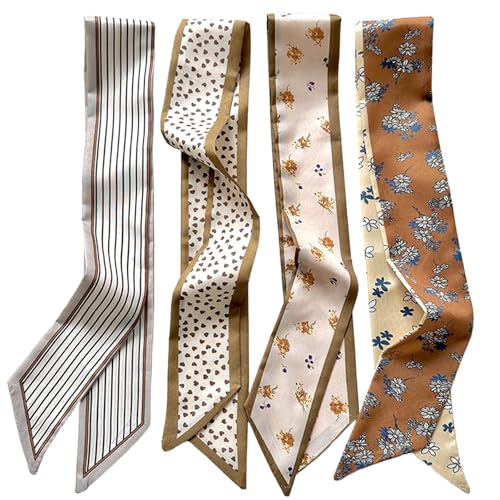 AYNKH Set of 4 bufanda para el cabello, Slim Neckerchiefs, Headscarf, Women's Fashionable Pañuelo de pelo largo (90 x 6 cm), satén, para trenzas, cola de caballo, cuello y bolsas, accesorios de moda