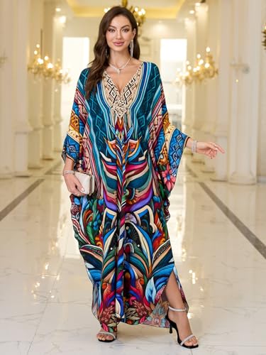 Image of KEYLORTING Plus Size Kaftan Dress Women, African Moo Moo Print Caftan, Batwing Dress, Beach Cover Up for Party and Loungewear