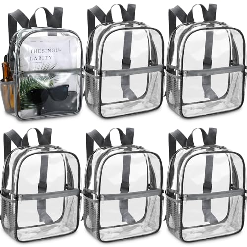Image of Sweetude 6 Pcs Clear Backpack bulk 11.4 x 9.5 x 5.1 Inch Bag Stadium Approved Plastic Transparent Backpack with 2 Water Holders (Gray)