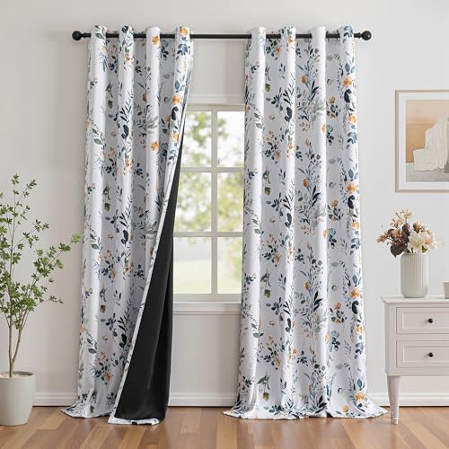 Image of MYSKY HOME 95% Blackout Floral Curtains 95 inch Long 2 Panels for Bedroom Living Room Flower Patterned Room Darkening Thermal Insulated Soundproof Grommet Window Treatments, 52 inch Wide, Yellow and Blue