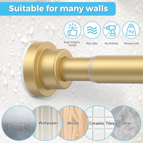 Image of Gold Shower Curtain Rod 30 To 76 Inch(2.6-6.4ft) Tension Curtains Rods No Drilling Shower Rods For Bathroom Tension Rods Adjustable Spring Loaded Curtain Rods 7 /8 inch Diameter