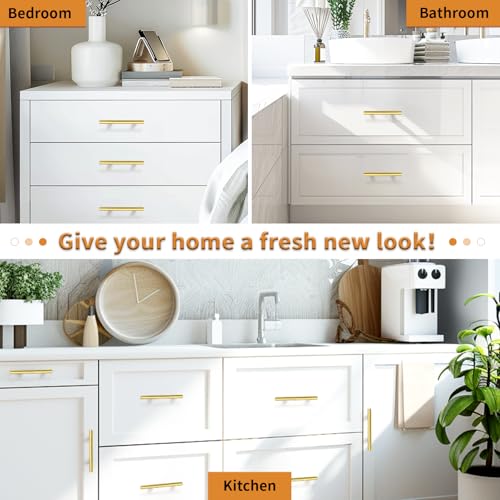 Image of Probrico 10 Pack 4 Inch Center-to-Center Kitchen Cabinet Pulls T Bar Gold Cabinet Handles Modern Drawer Hardware Dresser Pulls, 6-4 /5 Inch Total Length