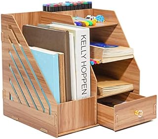 BigTree Wooden Desktop Organiser, DIY Desk Tidy Stationary Storage Cabinet with 2 A4 File Holder Sections, 5 Compartments and 1 Drawer for Home, Office and School