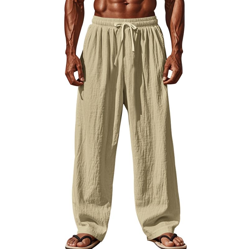 Men's Casual Linen Pants Loose Fit Drawstring Waist Pant Summer Lightweight Linen Yoga Beach Long Trousers