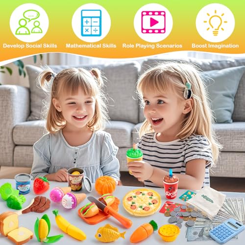 Play Food Sets for Kids Kitchen, 68PCS Grocery Store Toy Food with Shopping Bags Calculator for Kids Toddler Pretend Food with Pizza Veggies Fruits Fake Food Play Kitchen Accessories