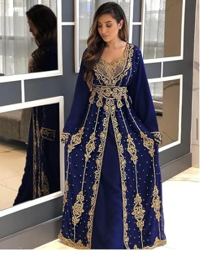 Kaftan For Women Royal African Attire Bridesmaid Abaya Long Maxi Formal Beaded Dubai Navy Blue Moroccan Kaftan By Zardozi Art (3X-Large) #TOP1
