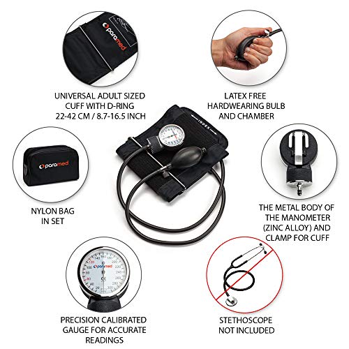 Image of PARAMED Aneroid Sphygmomanometer - Manual Blood Pressure Cuff with Universal Cuff 8.7-16.5 inch and D-Ring - Carrying Case in the kit - Black - Stethoscope Not Included