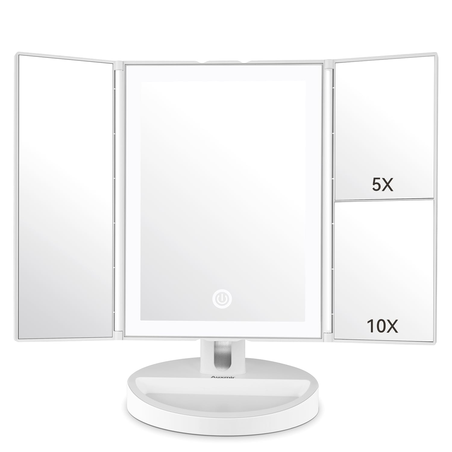 Auxmir Espejo Maquillaje con Luz, 1X/5X/10X Espejo Aumento de Mesa Tríptico, 34 Luces LED con Pantalla Táctil Ajustable, Giratorio 180°, Blanco