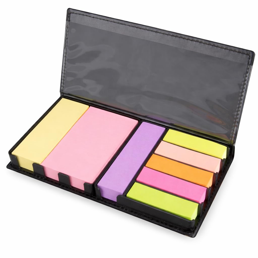 1000pcs Sticky Memo Notes Holder with Index Tab Flags in Leather Like Case, Colourful Removable Adhesive Memo Pads for Office, Home & School Use (Package May Vary)