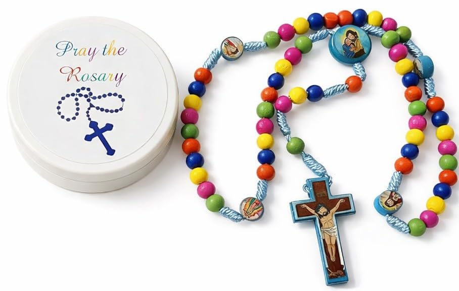 Rosario infantil cuentas de madera funda protectora comunión catequesis