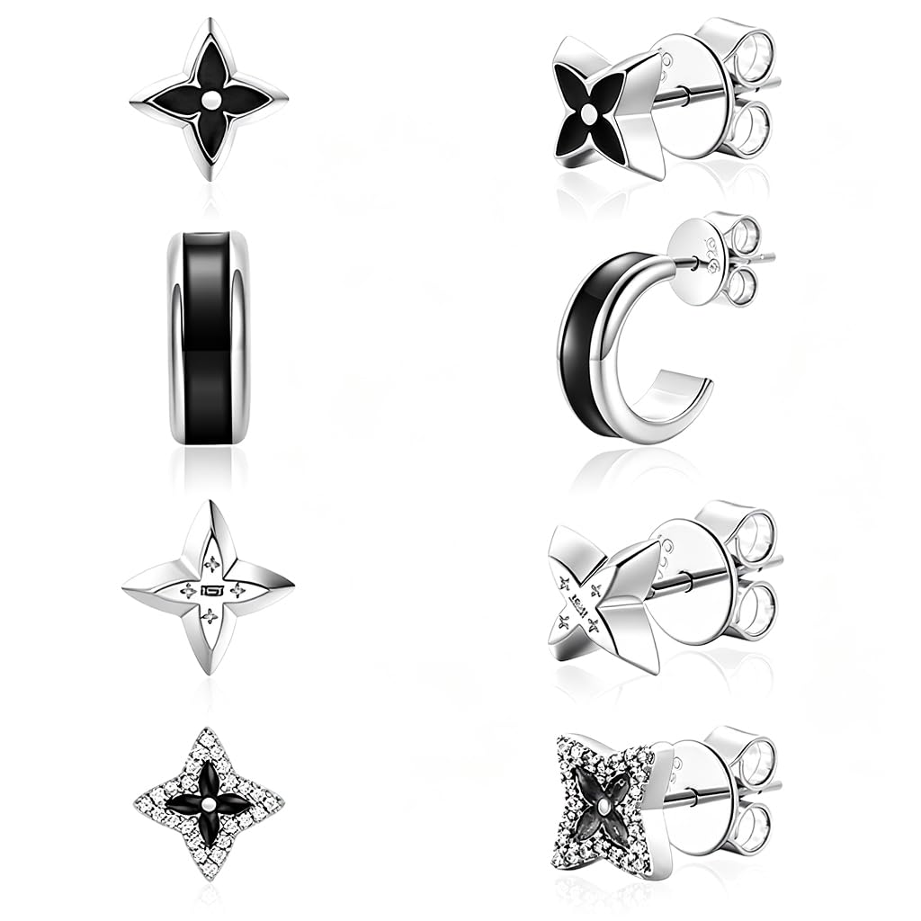 4 Pairs Clover Stud Earrings Sets Stainless Steel Geometric Punk Style Set for Men and Women-image-27