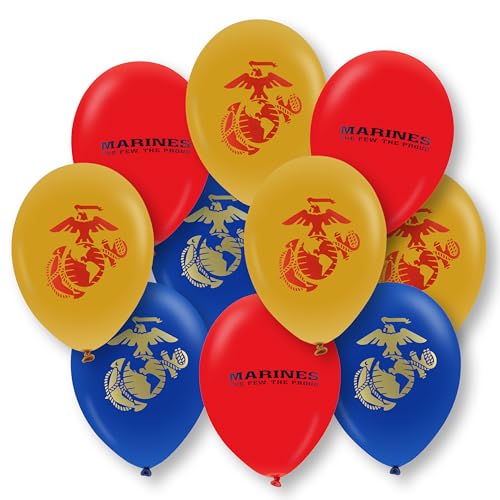 Image of U.S. Marines Party Balloons (10pcs) 12 inch Latex Balloons in Red, Gold, and Blue with contrasting print on 2 sides. Officially Licensed by the U.S.Marines - Made in Italy - by Havercamp.