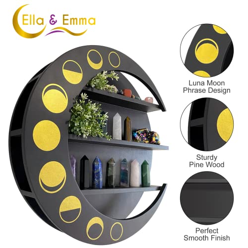 Ella & Emma Crescent Moon Shelf - Moon Wall Decor, Crystal Display Shelf, Hanging Shelf Display, Wooden Moon Shelf, Shelves For Bedroom Aesthetic, Witchy Decor Aesthetic, Wood Shelves - Black #TOP1