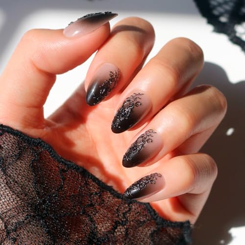 Glamnetic Press On Nails - Til Death | Ombre 3D Lace Medium Almond Fake Nails with Glossy Finish Salon Quality Halloween Nails | 15 Sizes - 30 Nail Kit with Glue