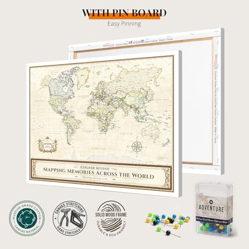 Image of DECORARTS - World Travel Map with Pins, Pin Board Canvas Wall Art, Colorful Classic Maps for Wall Decor, Giclee Print on Canvas, Handcrafted in USA, 20x16''