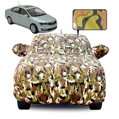 Image of Waterproof Car Body Cover for Skoda Rapid with Mirror Pocket, Soft Cotton Lining, Triple Stitched, Full Bottom Elastic (Heat Resistant Jungle Print with Red Piping)