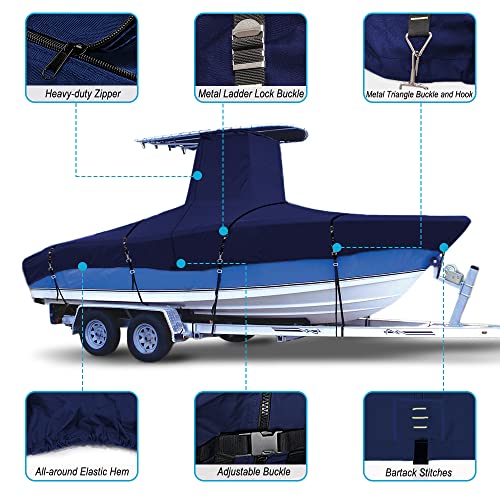 Zenicham 900D Marine Grade Fade And Tear Resistant Trailerable T-Top Boat Cover，Heavy-Duty Waterproof And Uv-Proof Ttop Boat Storage Cover With Windproof Metal Buckle Straps Fit 26Ft-28Ft L(Navy) #TOP3