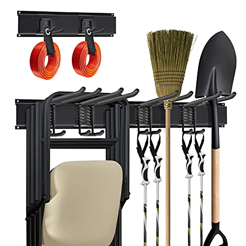 Mayyol Garage Wall Mount Tool Storage Rack - Lawn Organization - Yard Tools Hanger - Organizer Holder With 6 Adjustable Heavy Duty Hooks For Garden Tools, Max Load 350Lb, Black #TOP7