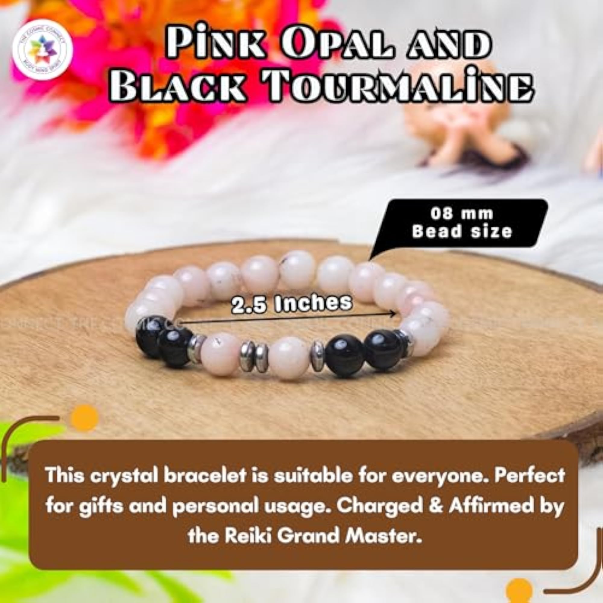 Black Tourmaline & Pink Opal Healing Crystal Bracelet