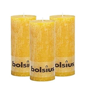 bolsius rustic ochre yellow unscented pillar candles  2.75" x 7.5" decoration candles set of 3  clean burning dripless dinner candles for wedding & home decor party restaurant spa aprox (190/ 68m)