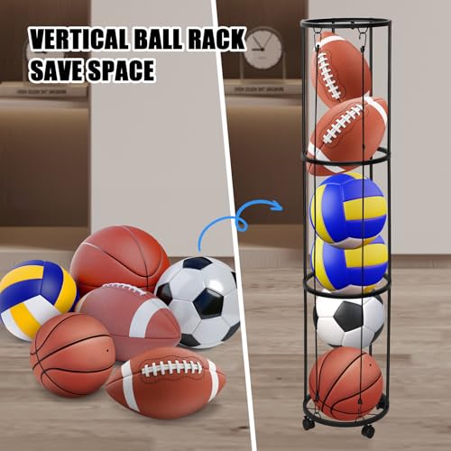 homdat 3-Lagiger Vertikaler Ballständer mit Rädern, Wandmontierter Ballaufbewahrungskäfig für Basketball, Fußball und Volleyball, Praktisches Regal für Sportbälle in der Garage