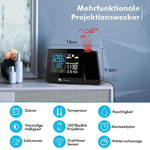 DR.PREPARE Projektionswecker Digitaler Wecker mit Projektion Wetterstation Wecker Projektionsuhr mit Außensensor zeigt Innen- und Außentemperatur für Schlafzimmer Büro Wohnzimmer
