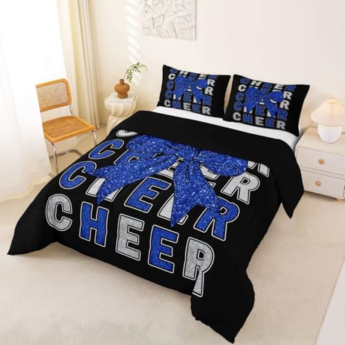 Image of Feelyou Bowknot Cheer Bedding Set Soft for Boys Girls, Blue Cheerleading Comforter Set Twin Size Glitter Cheerleader Duvet Quilt Microfiber Cheer Bow Bedroom Decor 2 Pcs with 1 Pillow Cases
