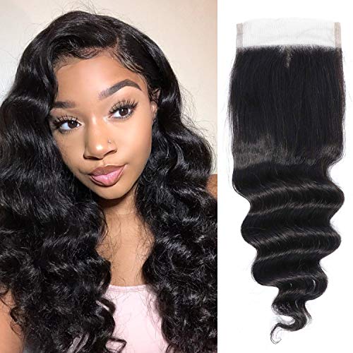 Peruvian Loose Deep Wave Closure,(4x4 10inch) Free Part Lace Closure with Baby Hair,130% Density Virgin Human Hair Bleached Knots Natural Black